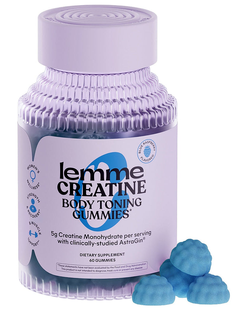 A bottle of Lemme Creatine Body Toning Gummies with several blue gummy candies placed in front on a plain white background.
