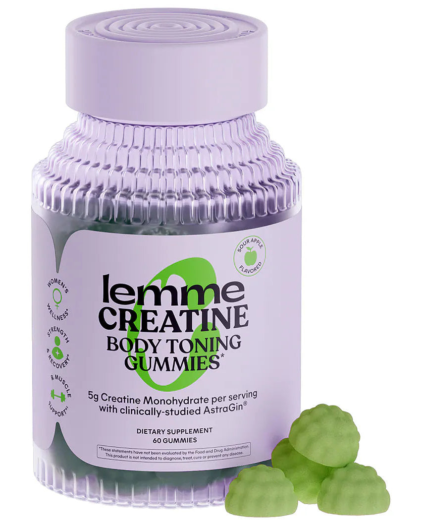 A bottle of Lemme Creatine Body Toning Gummies with several green gummies displayed in front on a white background.